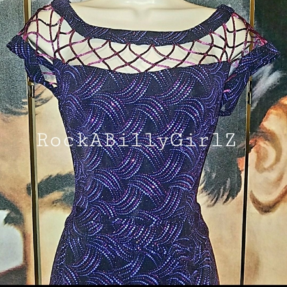 Tempest Storm Seduction Purple Beaded Pencil Gown Caged Neck w Empire Waist Bow - Picture 7 of 13